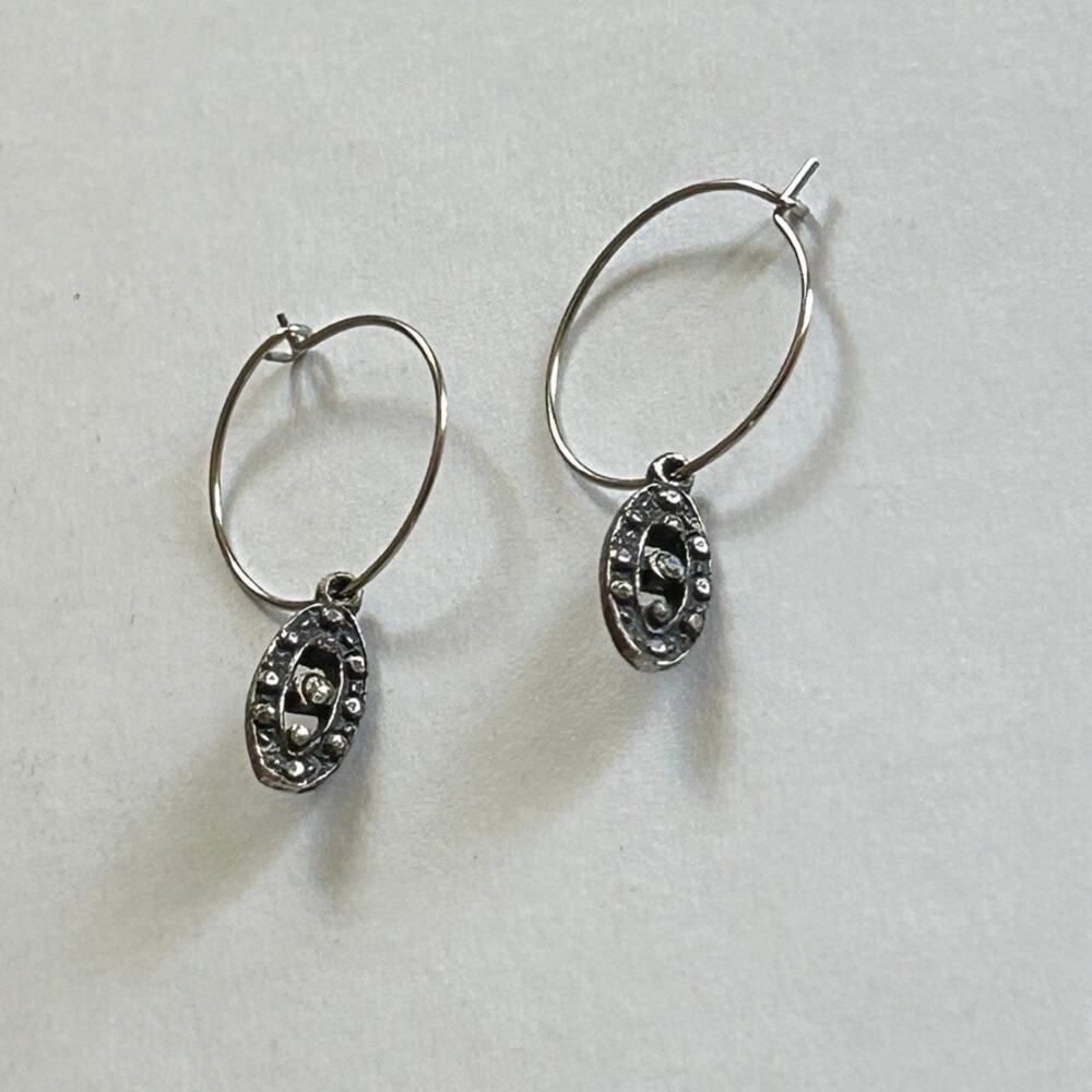 Handmade Silver Hoop Earrings Vintage 90s Marcasite Navette Charm Gunmetal